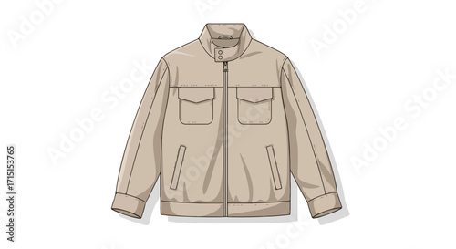 Beige casual jacket with zip pockets, outerwear fashion illustration for apparel designs, clothing mockup style guide, minimalistic vector jacket