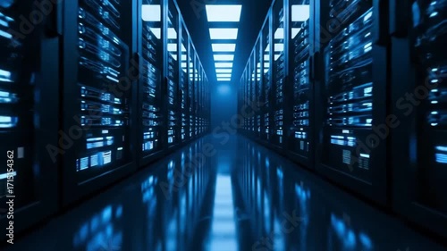 Futuristic data center interior with blue lighting and servers  