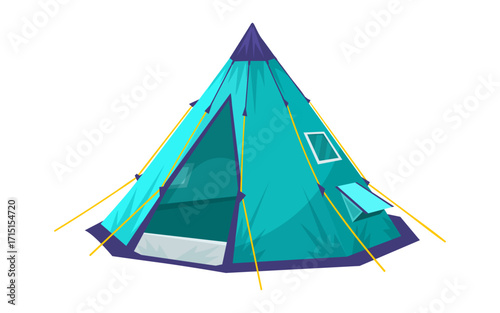 Blue camping tent with open entrance and ropes, cartoon style on a white background. Concept of outdoor adventure and camping. Vector illustration