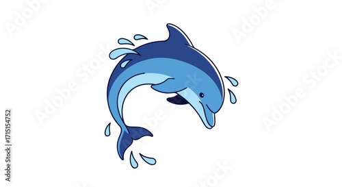 Playful porpoise illustration, leaping joyfully with water droplets on an isolated pristine white backdrop