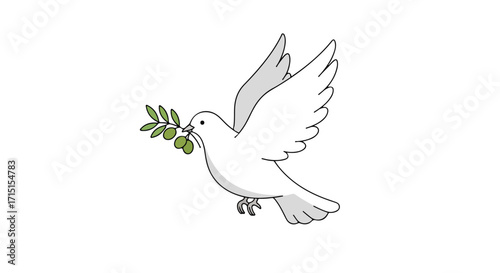 Symbolic representation of tranquility, innocence and harmony, conveyed by a dove carrying a vibrant olive branch in its beak, embodying hope and