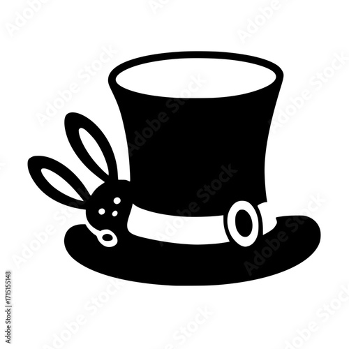 Dark black magic top hat with white rabbit head and ears, stylized icon
