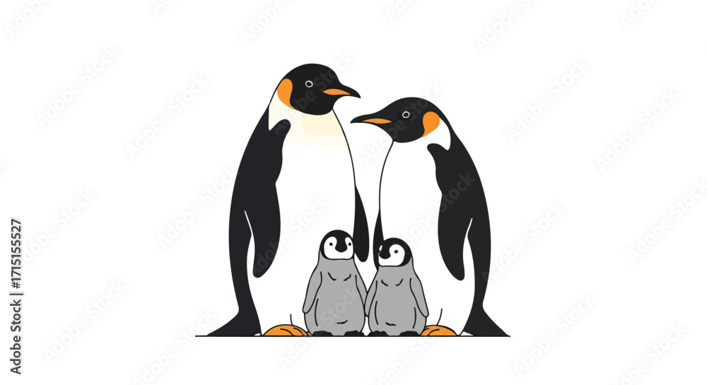 Fototapeta premium Heartwarming penguin family illustration featuring two adult penguins and their two adorable fluffy chicks standing together in unity