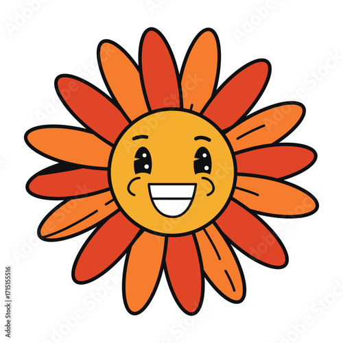 Cheerful cartoon-style sun character with smiling face, orange-red petals around, on clean white background. Concept of joy and happiness. Vector illustration