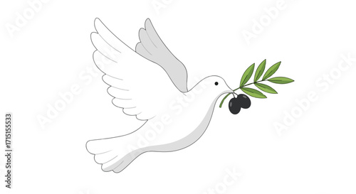 White Dove Ascending with Olive Branch: Symbolic Icon for Peace and Reconciliation Vector Graphic Representation