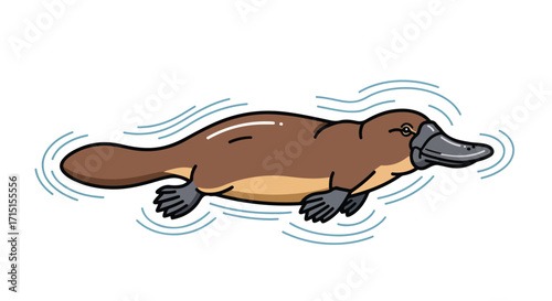 Cartoon platypus swimming peacefully in the water, creating ripples and showcasing its unique characteristics in a simple illustration
