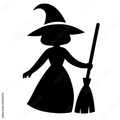 Witch silhouette holding a broomstick with pointed hat, isolated for Halloween designs

