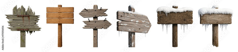Fototapeta premium Wooden sign set including rustic, distressed, arrow, and snow-covered styles isolated. Directional markers and winter design elements.