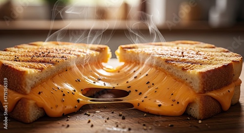 Hot and Steaming Grilled Cheese Sandwich with Melted Cheese Pull.