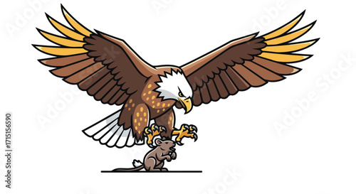 Illustrative depiction of a majestic eagle catching a small mouse displaying predator and prey animal instinct and hunting strategy