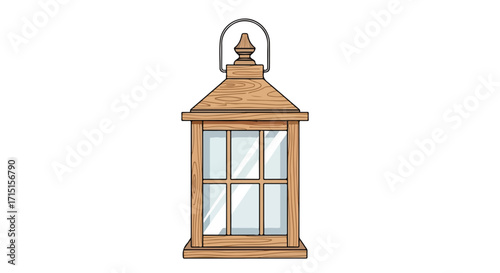 Classic Wooden Lantern Illustration with Intricate Details and Soft Light Reflection Depiction within a Vintage Concept