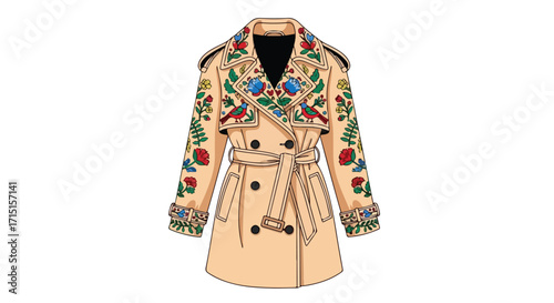 Illustrated beige trench coat with colorful floral and bird embellishments presented on a white backdrop providing a bright and focused view of the