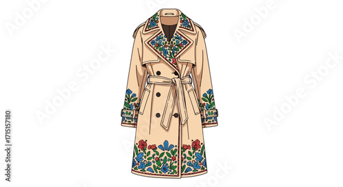 Elegant trench coat illustration featuring detailed floral embroidery, evoking artisan craftsmanship and timeless style with a modern creative flair