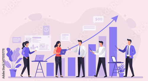 An illustration of a professional team working around a growing bar graph with a large arrow pointing upwards.
