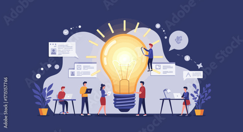 An illustration featuring a professional team working around a giant glowing lightbulb, symbolizing a shared idea and innovation