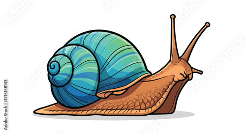 Detailed cartoon illustration of a snail with a vibrant shell displaying smooth transition and meticulous lines, showcasing nature's wonders