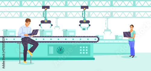Two engineers with laptops observing robotic arms over conveyor belts in a smart factory, flat style, on white background. Concept of automation. Vector illustration