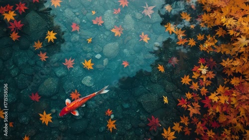 Koi swims in clear water among autumn leaves and dark river stones