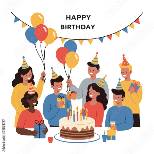 Group of people celebrating a birthday with gifts, balloons, and a cake.