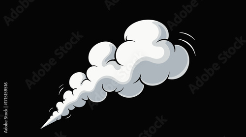 A dynamic vector illustration depicts a stylized puff of white smoke against a stark black background, perfect for adding visual interest to various design projects and digital media.