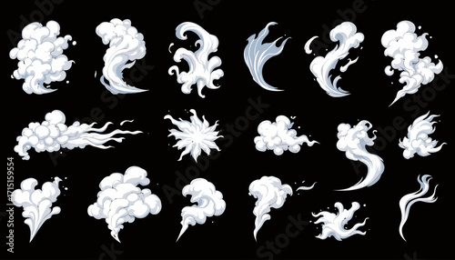 A collection of vector smoke elements in various shapes and forms, ideal for adding a realistic and dynamic touch to digital designs and illustrations, presented in PNG format.