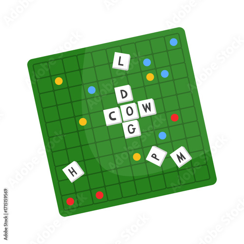 Green word game board with letter tiles forming short words, flat cartoon style, isolated on white background. Concept of language puzzles. Vector illustration