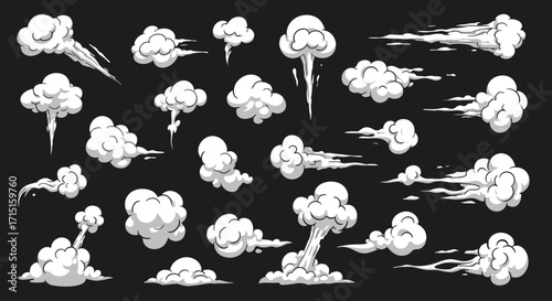 Collection of stylized cartoon smoke and vapor effects, perfect for graphic design and animation projects, presented as vector illustrations.