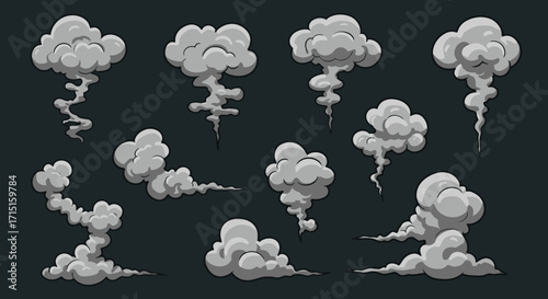 Collection of stylized vector smoke plumes and wisps in various shapes and sizes, perfect for graphic design overlays and effects.