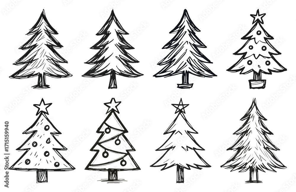 Obraz premium PNG Hand-drawn Christmas tree illustrations, element set on transparent background