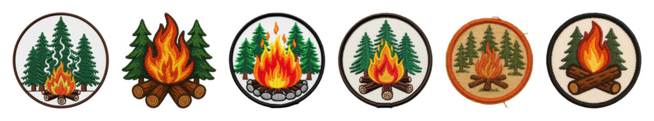 Embroidered campfire patch set including various forest, flame, and border styles isolated. Outdoor and adventure emblems collection.