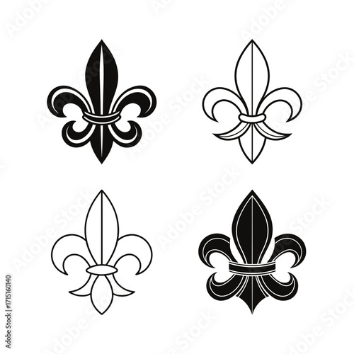 Four fleur de lis designs in black and white on transparent background