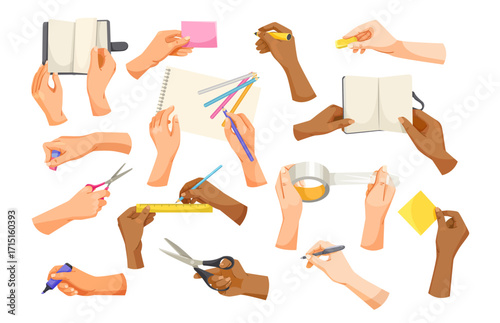 Multiple diverse hands holding notebooks, pens, scissors, sticky notes and rulers on white background, concept of office and school supplies. Vector illustration