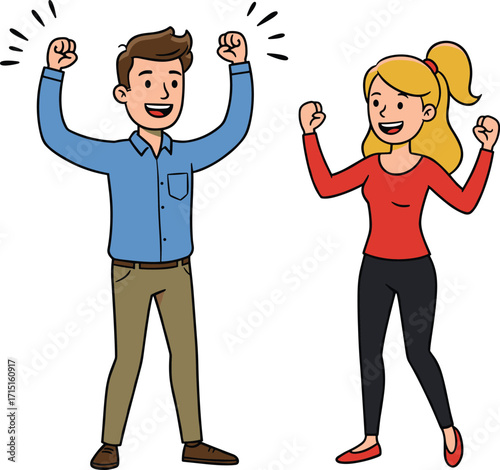 Happy man and woman celebrating success, joyful cartoon characters with raised fists, cheerful people expressing excitement and achievement