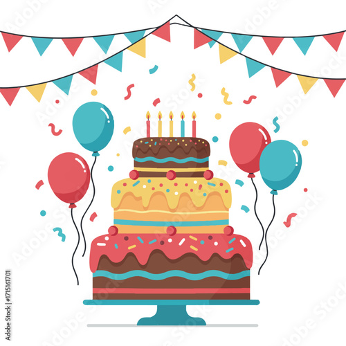A three-layered birthday cake with candles, balloons, and confetti.