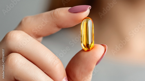 Close-up manicured hand holding golden omega softgel capsule for supplement. AI generated