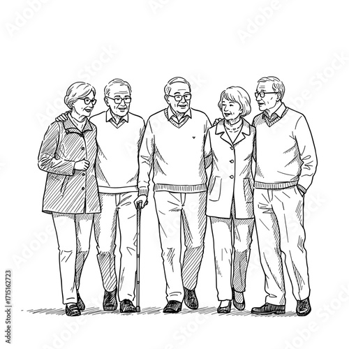 Group of elderly people walking together, smiling, outdoors in spring  