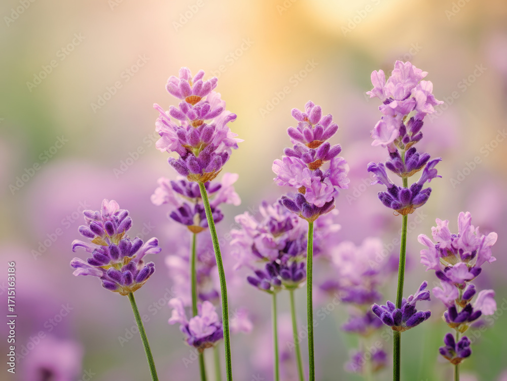 Fototapeta premium Lavender flowers blooming in a soft-focus garden background with warm sunlight illuminating the petals, creating a serene and calming atmosphere.
