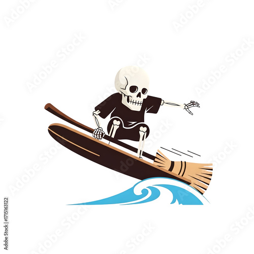 Cartoon skeleton surfs broomstick over ocean wave Isolate surfing water