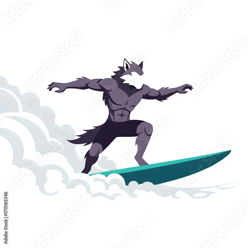 Muscular anthropomorphic wolf character surfing a teal surfboard with stylized white water splashes isolate