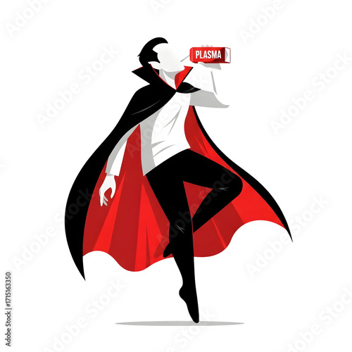 Minimalist vampire figure in black cape with red lining drinks from a red plasma container isolate
