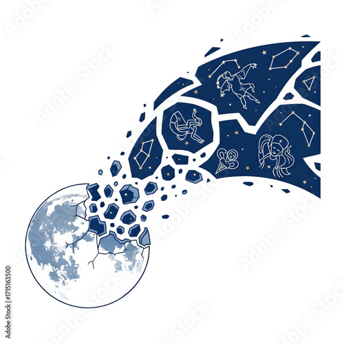 Exploding planet Earth fragments revealing constellations and zodiac signs in the night sky isolate