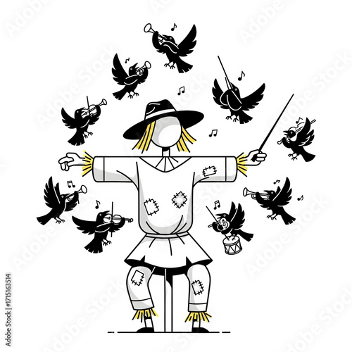 Stylized scarecrow figure with straw hair and outstretched arms isolate