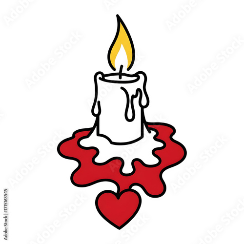 Black Candle With Melting Red Wax Forming Heart Shape Yellow Flame Transparent Background Isolate