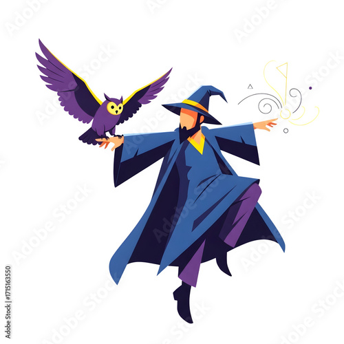 Blue robed wizard with beard holds purple owl on hand conjures yellow magic isolate