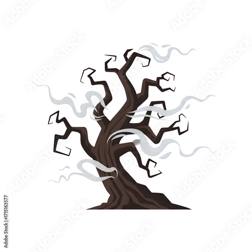 Gnarled bare tree with wisps of white smoke isolate branches spooky Halloween
