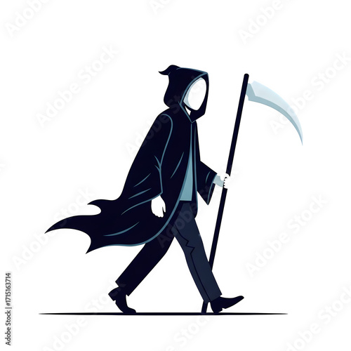 Grim Reaper with scythe walking cartoon illustration concept of death isolate