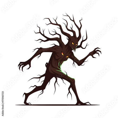 A creepy anthropomorphic tree creature with glowing orange eyes and green internal light transparent background
