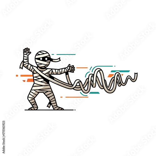 Cartoon mummy unwrapping bandages with graphic elements isolate halloween