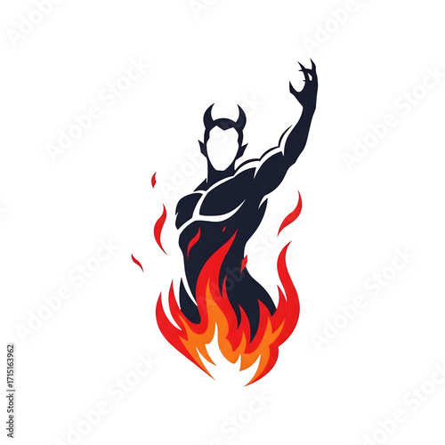 Muscular demonic figure engulfed in flames raised arm dark silhouette horns isolate