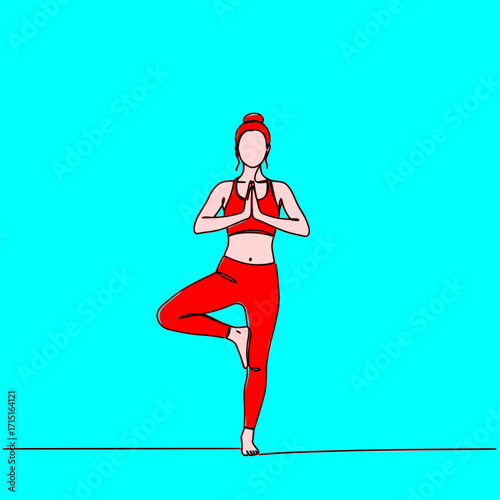 Woman in red practicing Vrksasana, the Tree Pose, a balancing yoga asana with hands in prayer